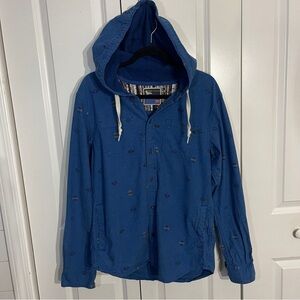 Modern Amusement Blue Hoodie Short Jacket Pockets Size Medium Aztec Pattern